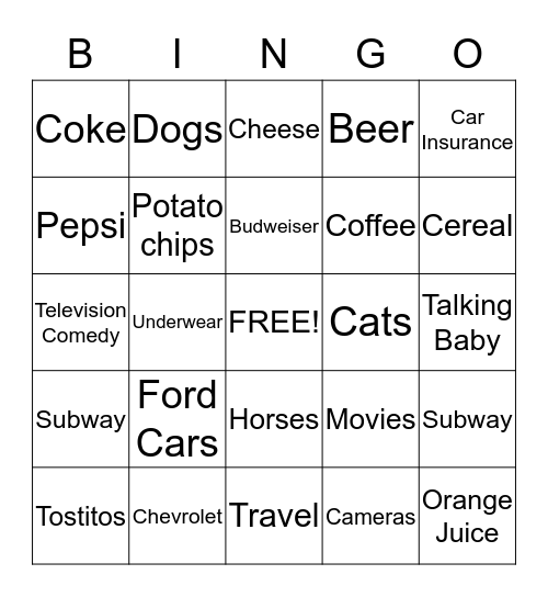 Super Bowl Commercial Bingo Card