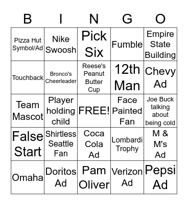 Super Bowl Bingo Card