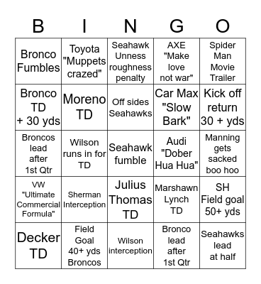 2014 SUPER BOWL BINGO Card