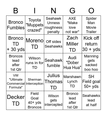 2014 SUPER BOWL BINGO Card