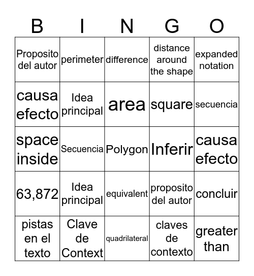 Lectura and Math  Bingo Card