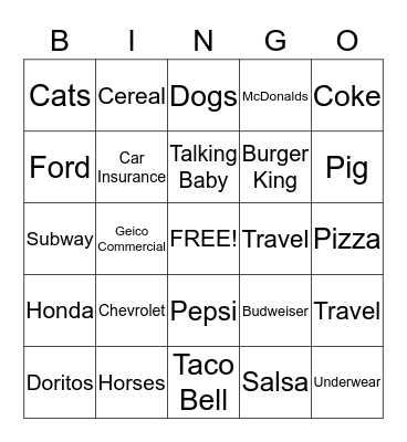 Super Bowl Commercial Bingo Card
