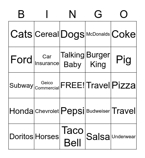 Super Bowl Commercial Bingo Card