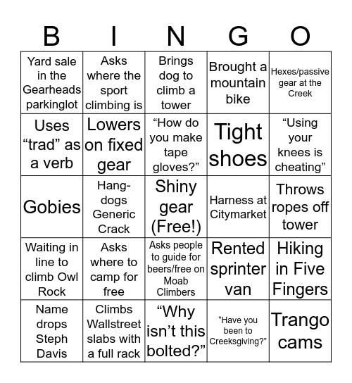 Climbing Gumby Bingo- Moab Edition Bingo Card