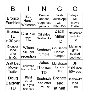 2014 SUPER BOWL BINGO Card