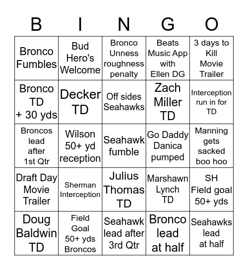 2014 SUPER BOWL BINGO Card
