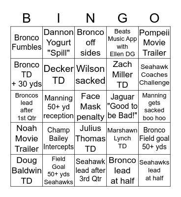 2014 SUPER BOWL BINGO Card