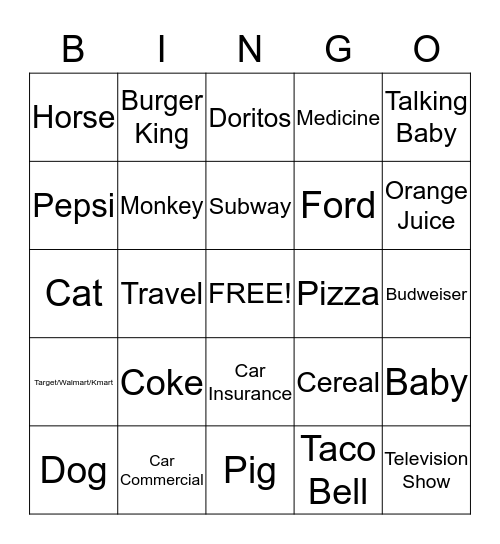 Super Bowl Commercial Bingo Card