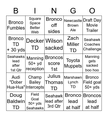 2014 SUPER BOWL BINGO Card