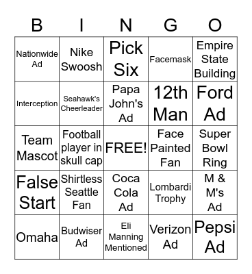 Super Bowl Bingo Card