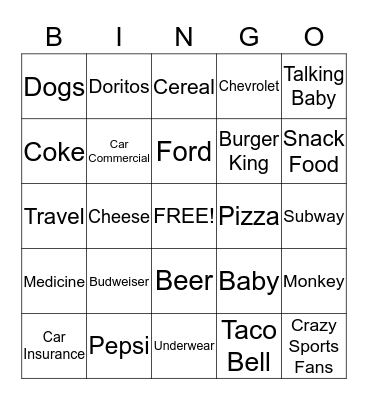 Super Bowl Commercial Bingo Card