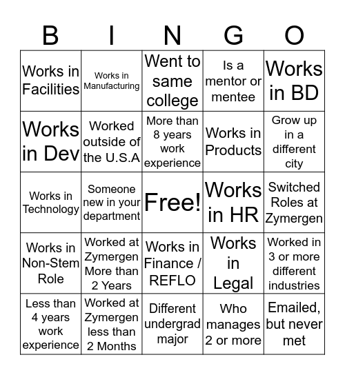 Mentorship Networking Bingo Card