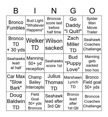 2014 SUPER BOWL BINGO Card