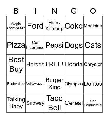 Super Bowl Commercial Bingo Card