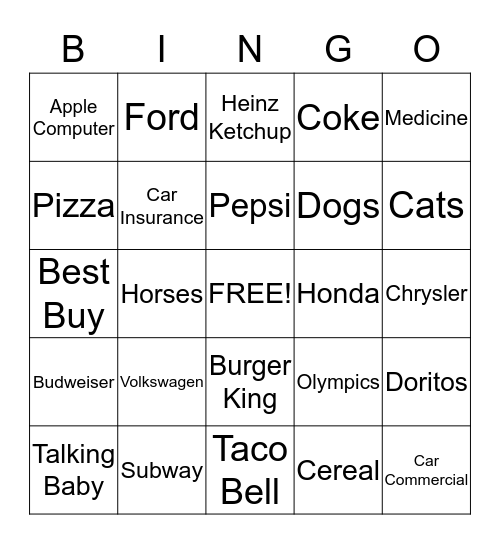 Super Bowl Commercial Bingo Card