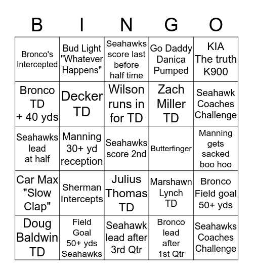 2014 SUPER BOWL BINGO Card