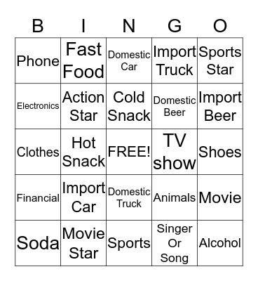 Super Bowl Commercial  Bingo Card