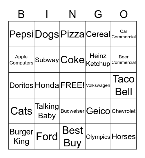 Super Bowl Commercial Bingo Card