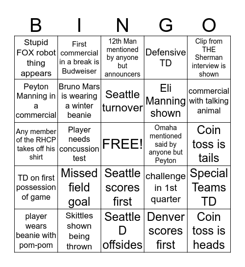 SuperfuckinBowl Bingo Card