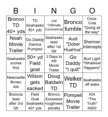 2014 SUPER BOWL BINGO Card