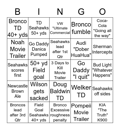2014 SUPER BOWL BINGO Card