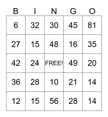 Julia's Multiplication BINGO  Bingo Card