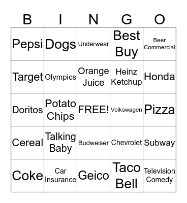 Super Bowl Commercial Bingo Card