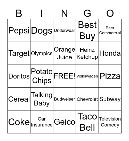 Super Bowl Commercial Bingo Card