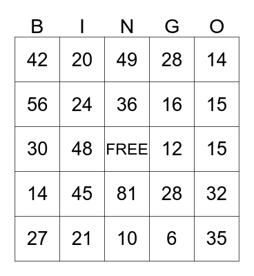 Julia's Multiplication BINGO Card