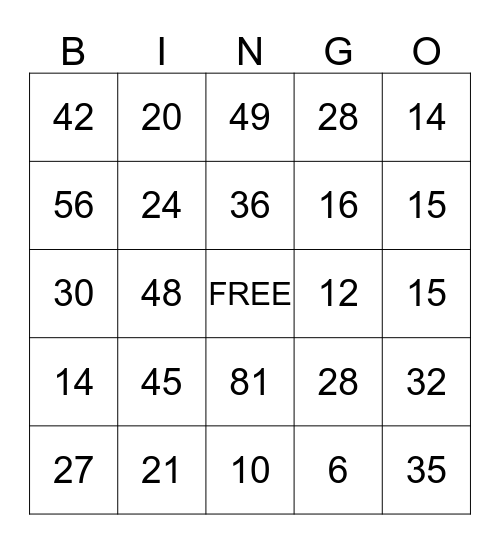 Julia's Multiplication BINGO Card