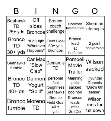 2014 SUPER BOWL BINGO Card