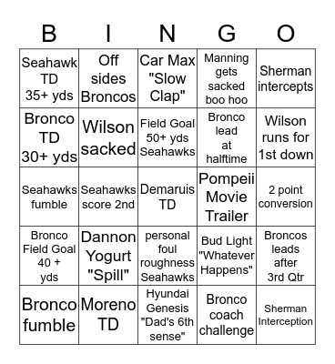 2014 SUPER BOWL BINGO Card