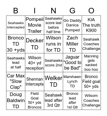 2014 SUPER BOWL BINGO Card