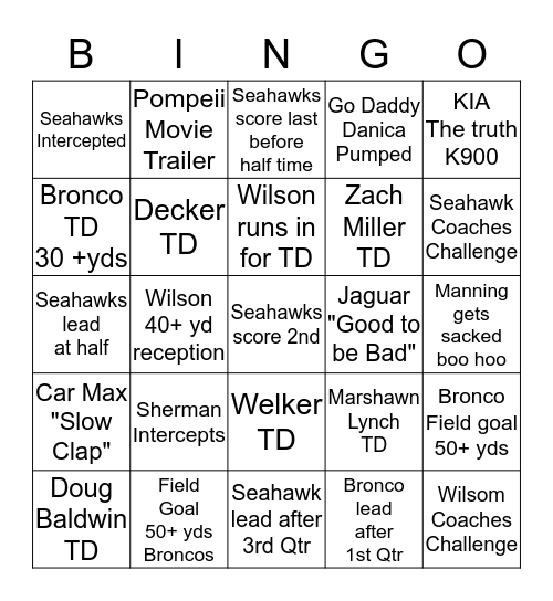 2014 SUPER BOWL BINGO Card