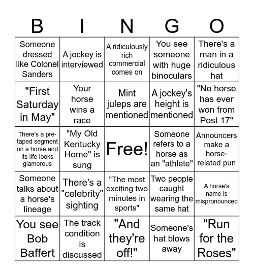 2019 Derby BINGO! Bingo Card