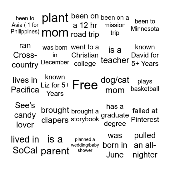 Baby Shower Mingle Bingo Card