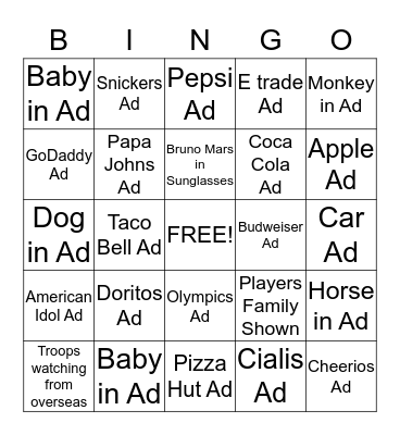 Super Bowl Bingo Card