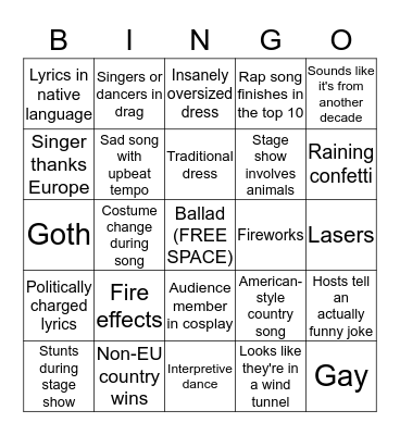 Eurovision Bingo Card