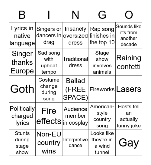 Eurovision Bingo Card