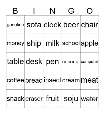 Countable and Uncountable Nouns Bingo Card