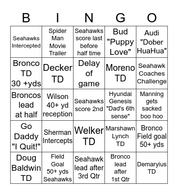 2014 SUPER BOWL BINGO Card