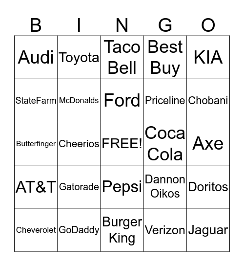 SuperBowl Commercials 2014 Bingo Card