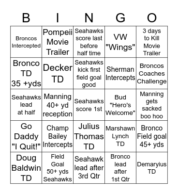 2014 SUPER BOWL BINGO Card