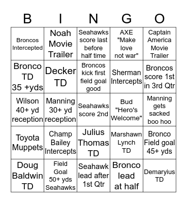 2014 SUPER BOWL BINGO Card