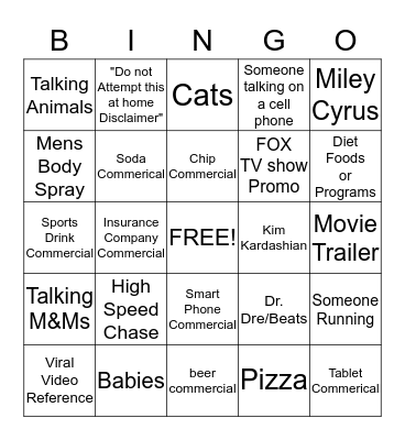 Super Bowl Commercial Bingo! Bingo Card