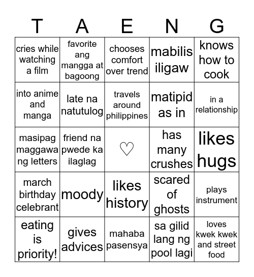 Tallestaeng Bingo Card