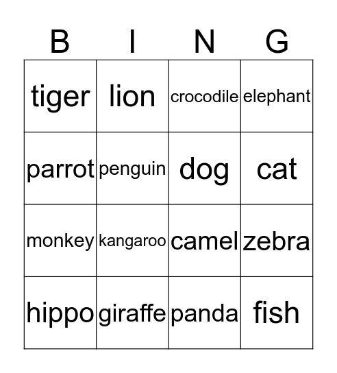 Animals Bingo Card