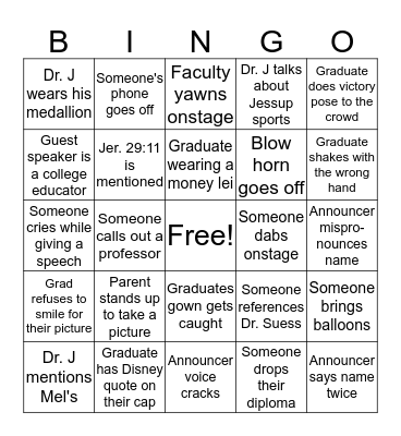 Jessup Graduation BINGO Card