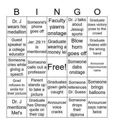 Jessup Graduation BINGO Card