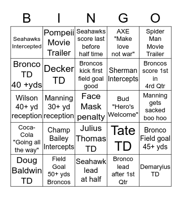 2014 SUPER BOWL BINGO Card